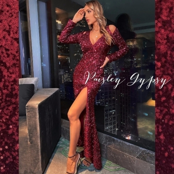 Maroon Sequined Ball Gown for Special Events - Picture 3 of 14